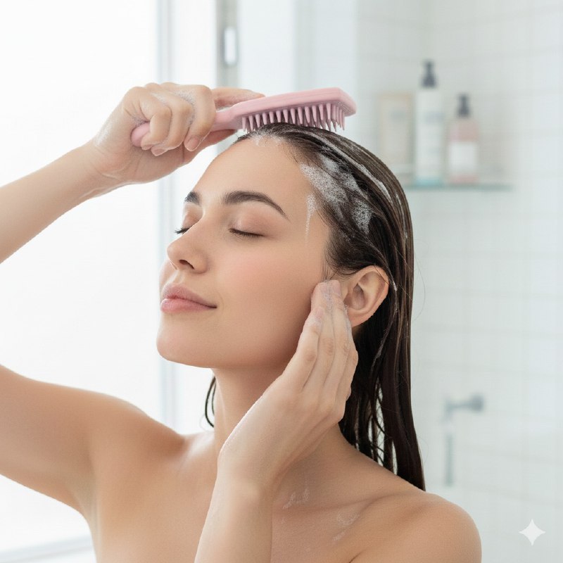 CEPILLO MASAJEADOR PARA EL CABELLO EXFOLIANTE DE CERDAS SUAVES DE SILICONA 20CM