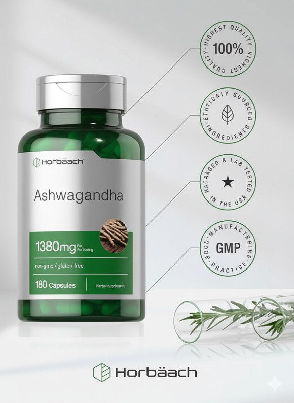 VITAMINAS EN CAPSULAS DE ASHWAGANDHA PARA EL ESTRES DIARIO HORBAACH 180UND