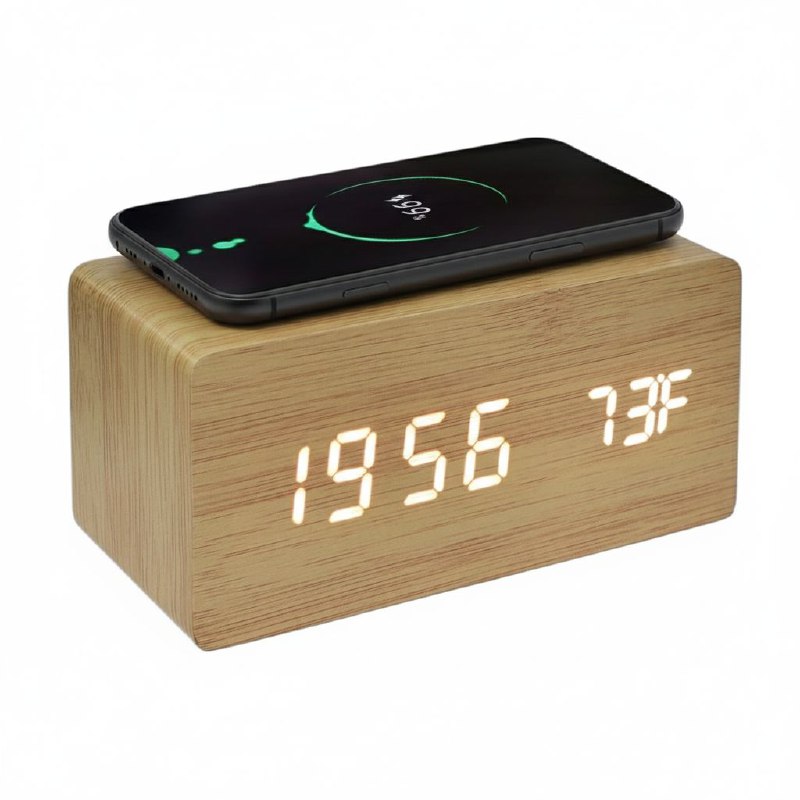RELOJ DESPERTADOR DIGITAL TIPO MADERA CON FUNCION DE CARA INALAMBRICA Y TEMPERATURA USB, 4 ESTILOS