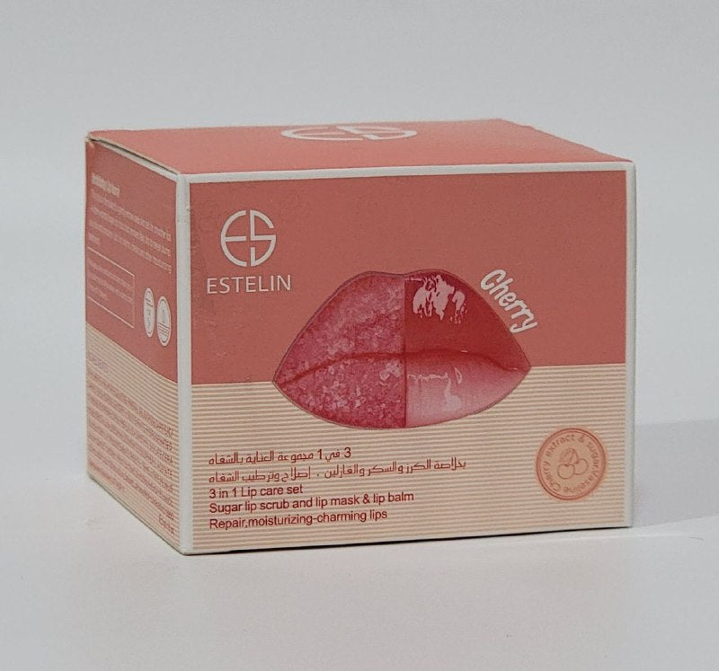 MASCARILLA HIDRATANTE PARA LABIOS EN SET 3 EN 1 BALSAMO HIDRATANTE MANTECA DE KARITE Y CEREZA ESTELIN 5G