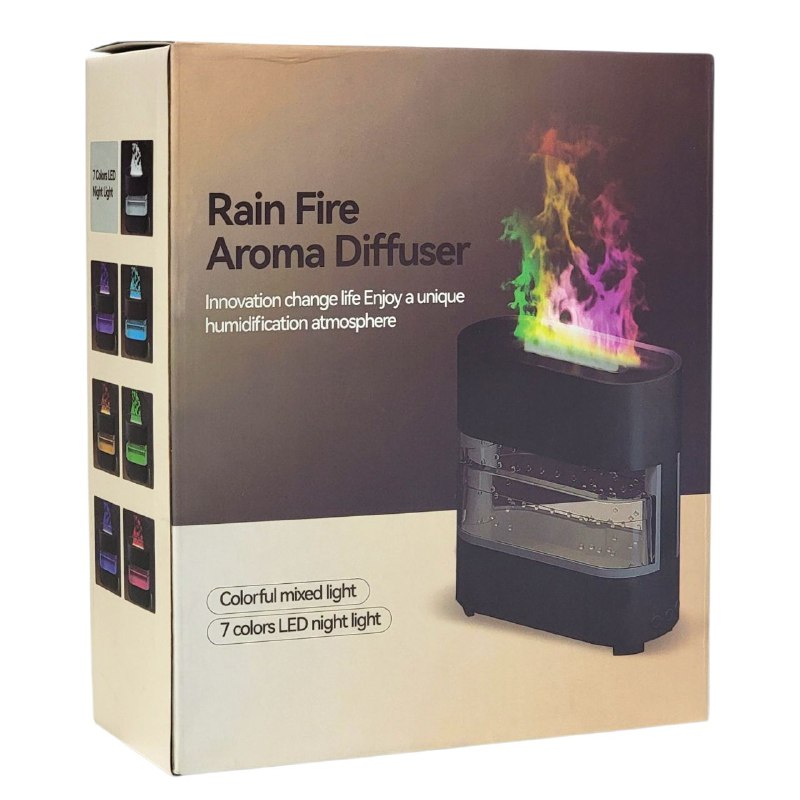 HUMIFICADOR DE AIRE CON LLAMA COLORIDA, SONIDOS DE GOTAS DE LLUVIA, DIFUSOR DE ACEITE AROMATICO CON LUZ LED NOCTURNA RAIN FIRE