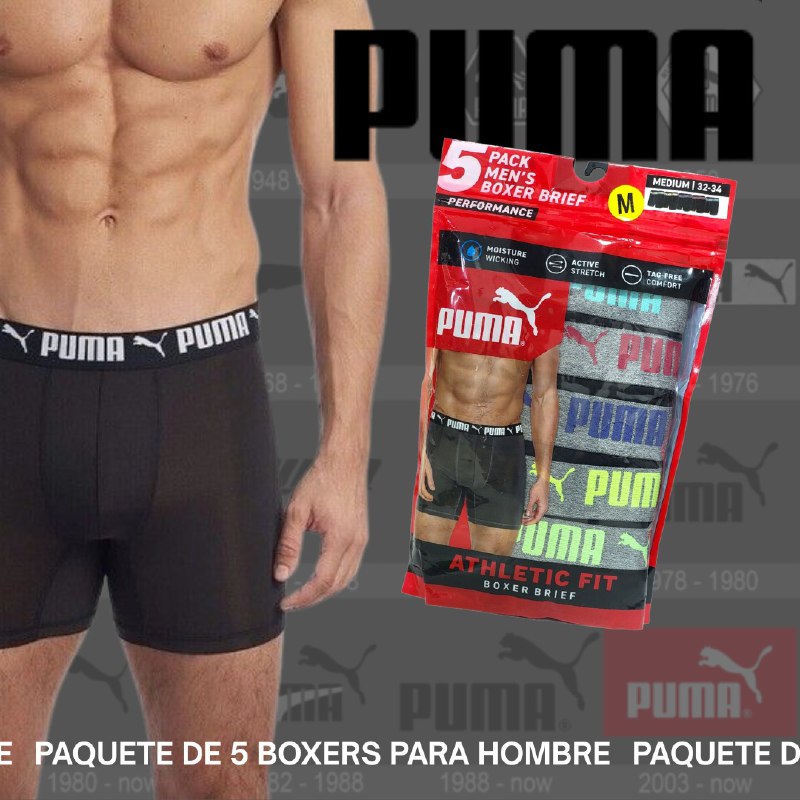 ROPA INTERIOR PARA CABALLERO PUMA ATHLETIC FIT BOXER BRIEF 5 UNIDADES TALLA MEDIUM 32-34 (M)