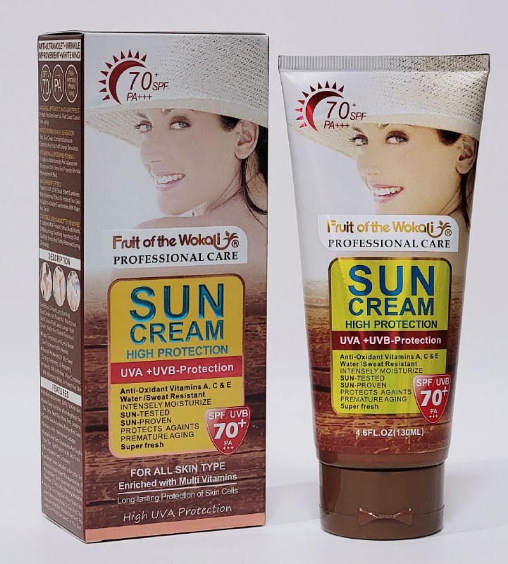 PROTECTOR SOLAR EN CREMA SPF70, PROTECCION CONTRA RAYOS UVA, VITAMINAS ANTIOXIDANTES A,C Y E, RESISTENTE AL AGUA Y SUDOR FRUIT OF THE WOKALI 130ML