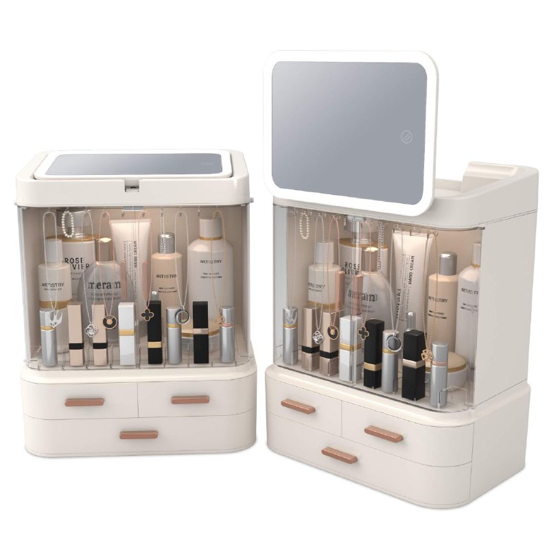 ORGANIZADOR ESTANTE DE COSMETICOS MAQUILLAJE CON ESPEJO AJUSTABLE 360 GRADOS CON LUZ LED, CABLE USB