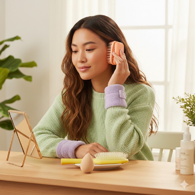 KIT DE CUIDADO PERSONAL, CEPILLO, 1 PAR DE MUÑEQUERAS, ESPONJA, MASAJEADOR CAPILAR KISS LOVELY