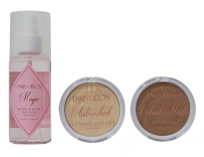 SET DE POLVO DE ACABADO IMPECABLE DE 3 PIEZAS PARIS HILTON SPRAY FIJADOR AGUA ROSAS 150ML, POLVO FIJADOR Y BRONCEADOR 5G