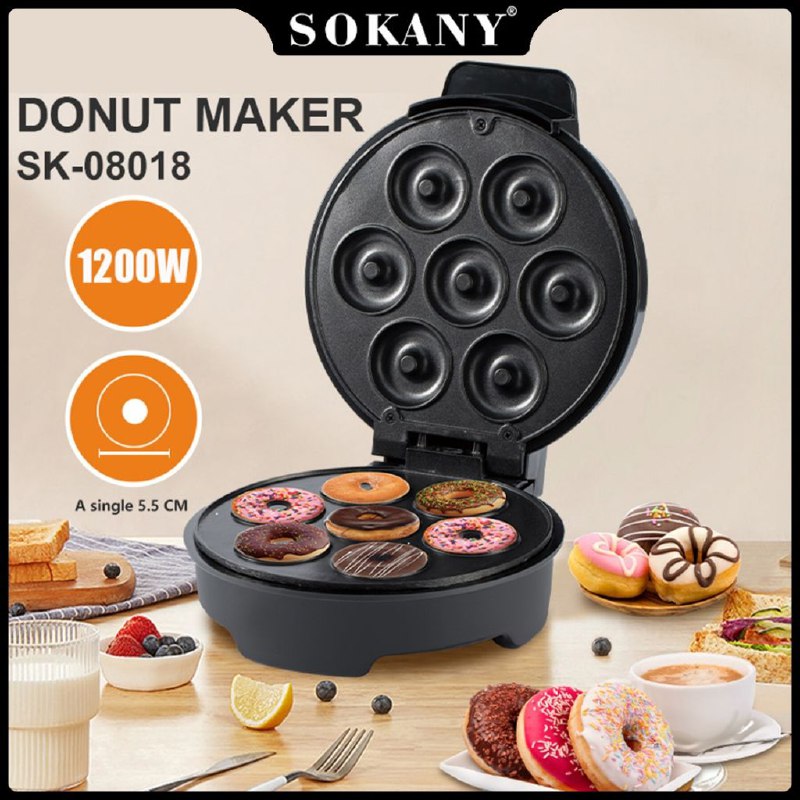 MAQUINA DE MINI DONAS SK-08018, RECUBRIMIENTO ANTIADHERENTE, PLASTICO RESISTENTE AL CALOR, INDICADOR DE POTENCIA, FACIL DE USAR, 1200W DE FUERZA, 5.5CM CADA DONA SOKANY
