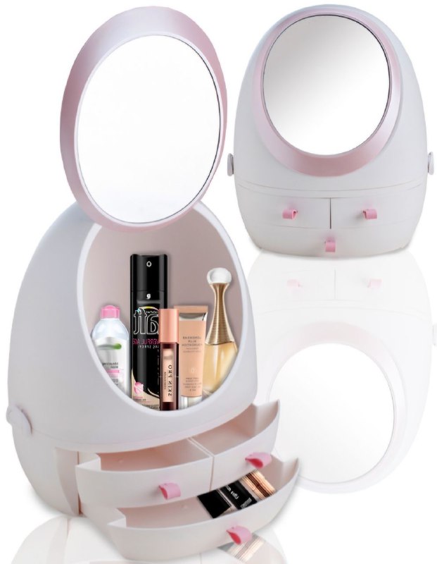 ORGANIZADOR ESTANTE DE COSMETICOS, MAQUILLAJE CON 4 COMPARTIMIENTOS, ESPEJO CON LUZ LED DE 3 MODOS DE INTENSIDAD COLOR BLANCO