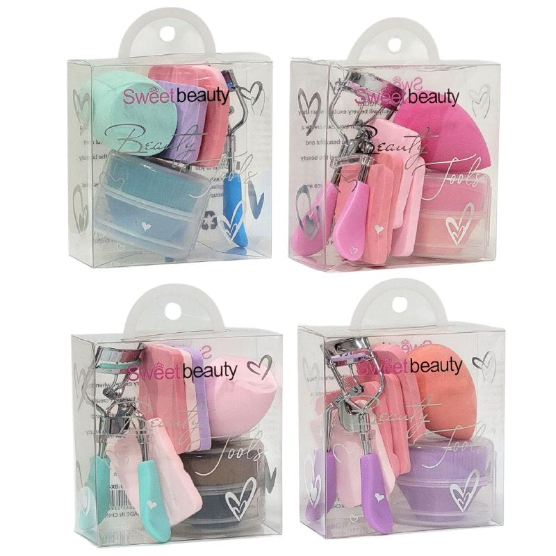 KIT DE CUIDADO FACIAL DE 7UND, BROCHA PARA BASE, ESPONJA PARA BASE, RIZADOR DE PESTAÑAS, 4 COLORES SWEET BEAUTY TOOLS