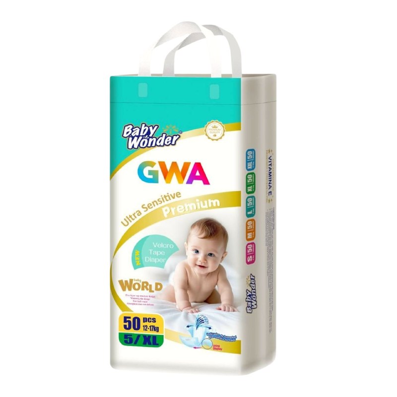 PAÑALES PARA NIÑOS PREMIUM CON TECNOLOGIA ABSORBENTE GWA 50UND TALLA 5/XL DE 12-17KG