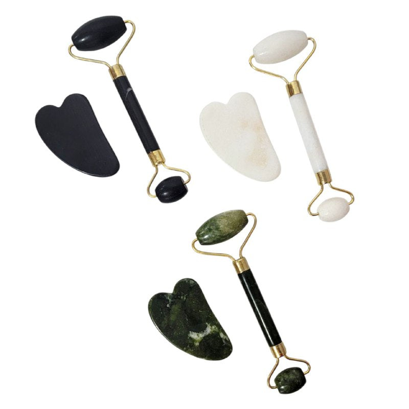 KIT DE MASAJE FACIAL RODILLO DE JADE Y PIEDRA GUA SHA 3 COLORES RUBY FACE JUDE MASSAGE ROLLER