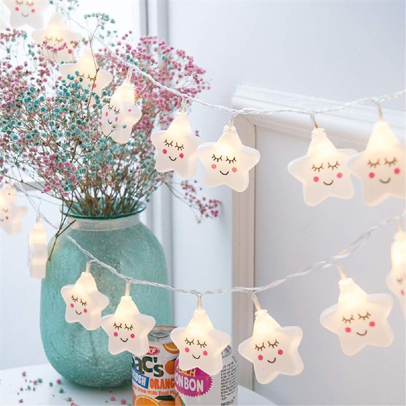 LUCES DECORATIVAS NAVIDEÑAS FORMA DE ESTRELLA SONRIENTE PARA EL HOGAR, DORMITORIO, DE BATERIAS, 20 LUCES, 3 METROS