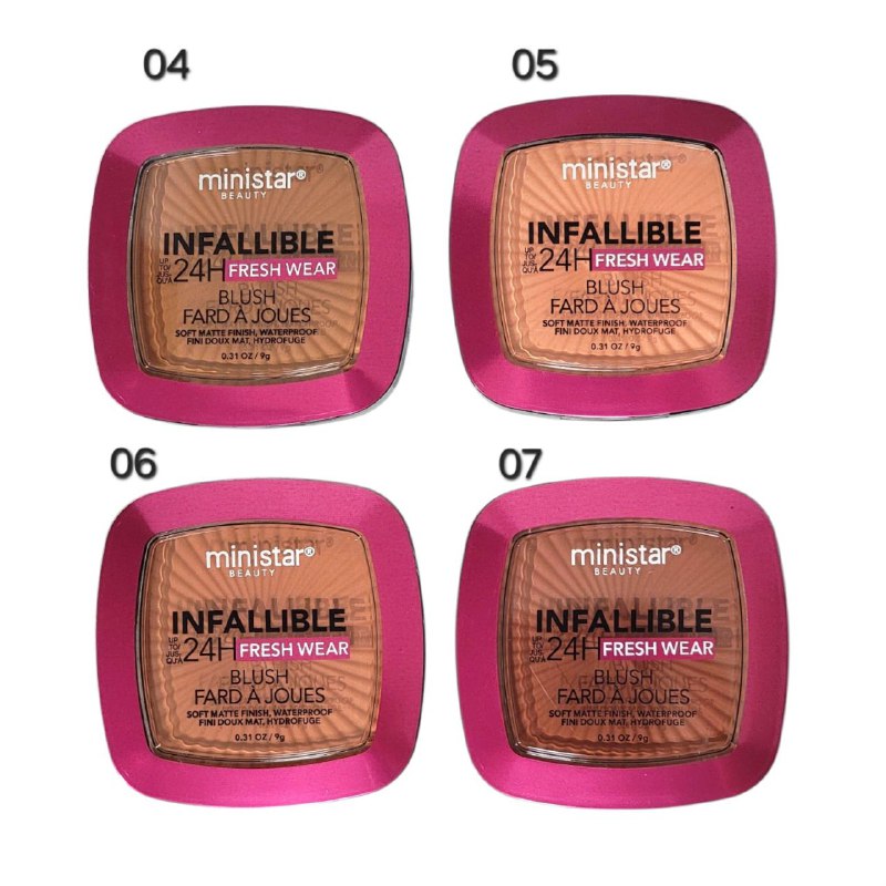 BLUSH EN POLVO INFALIBLE DE LARGA DURACION 8G DUPE DE LOREAL, RUBORT ROSA DE TEXTURA LIGERA Y FINA CON COBERTURA MODULABLE Y COLOR INTENSO MINISTAR