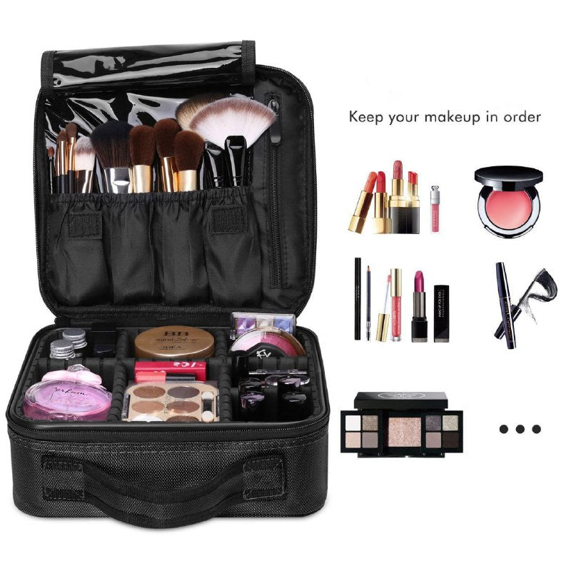 ORGANIZADOR ESTUCHE DE MAQUILLAJE PORTATIL CON SEPARADORES AJUSTABLES NEGRO 26x23x10CM