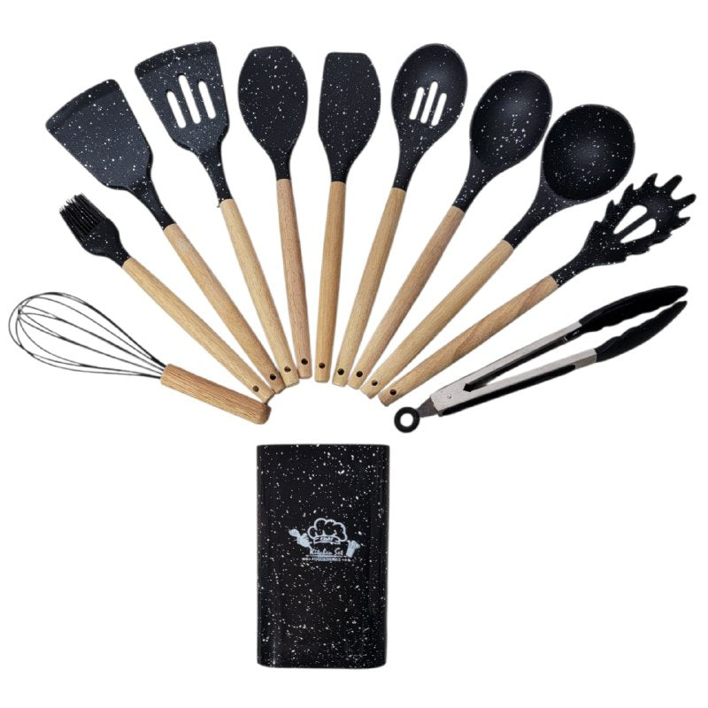 JUEGO DE UTENSILIOS DE COCINA DE SILICONA CON SOPORTE PLASTICO DE 12 PIEZAS, DISEÑADO PARA SOPORTAR TEMPERATURAS DE 30 A 130 GRADOS, SILICONA FLEXIBLE Y SUAVE, 5 COLORES KITCHEN & DINNING