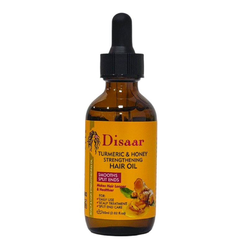 ACEITE PARA EL CABELLO FORTALECEDOR DE CURCUMA Y MIEL, HIDRATA Y ACLARA EL COLOR DEL CABELLO, REPARA EL CABELLO DAÑADO, DEJA SANO SUAVE Y BRILLANTE DISAAR TURMERIC & HONEY STRENGTHENING HAIR OIL 60ML