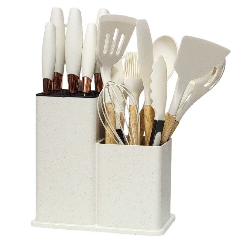 JUEGO DE CUCHILLOS DE COCINA, UTENSILIOS DE COCINA, CUCHARAS DE 18 PIEZAS, DE SILICONA CON SOPORTE DE PLASTICO, AGARRE COMODO, LIGUERO Y PRACTICO, AFILADO Y DURADERO 3 COLORES KITCHENWARE