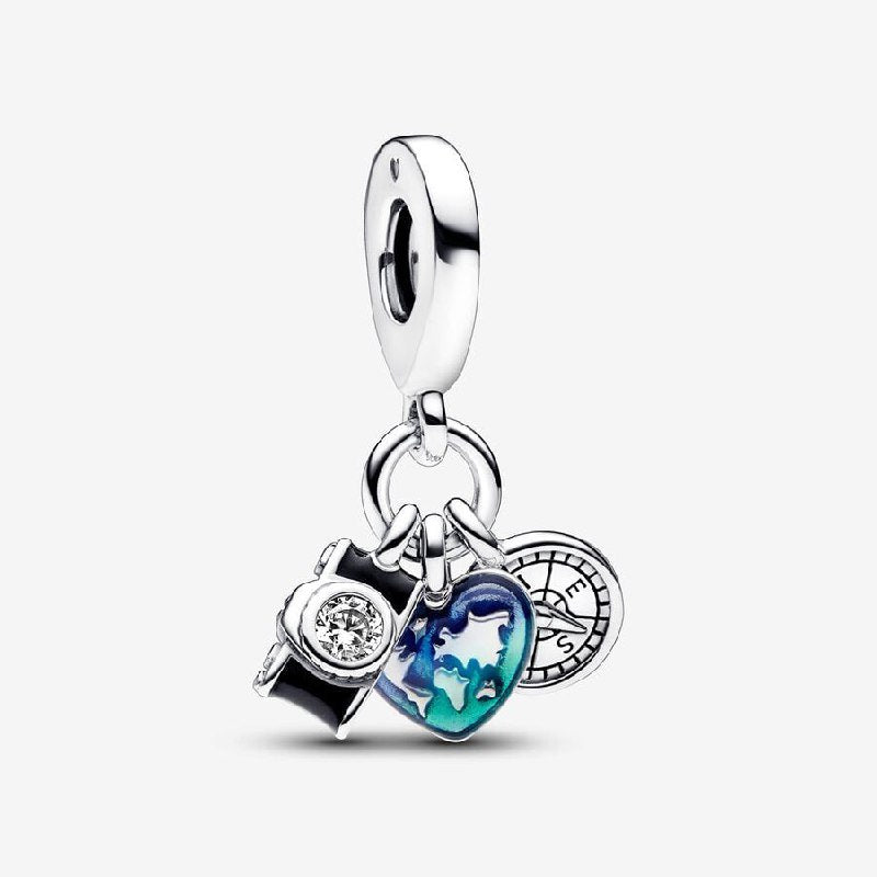 PCHARM3094$1 FORMA CAMARA,CORAZON,BRUJULA PANDORA PLATA 9.25