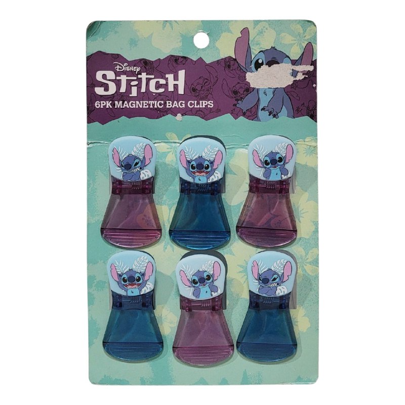 JUEGO DE CLIPS PARA ALIMENTOS, CLIPS MAGNETICOS PARA BOLSAS CON TEMATICA DE DISNEY STITCH PAQ DE 6 UND