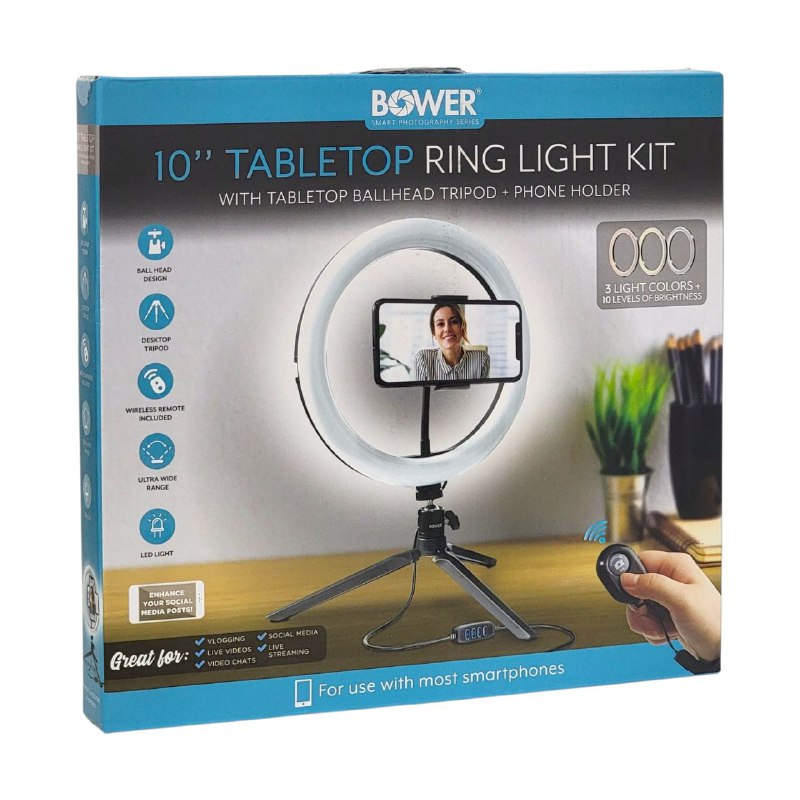 ARO DE LUZ LED ANILLO DE LUZ LED DE MESA DE 10 PULGADAS, REGULABLE, MODO DE 3 COLORES, BRILLO 10 NIVELES BOWER