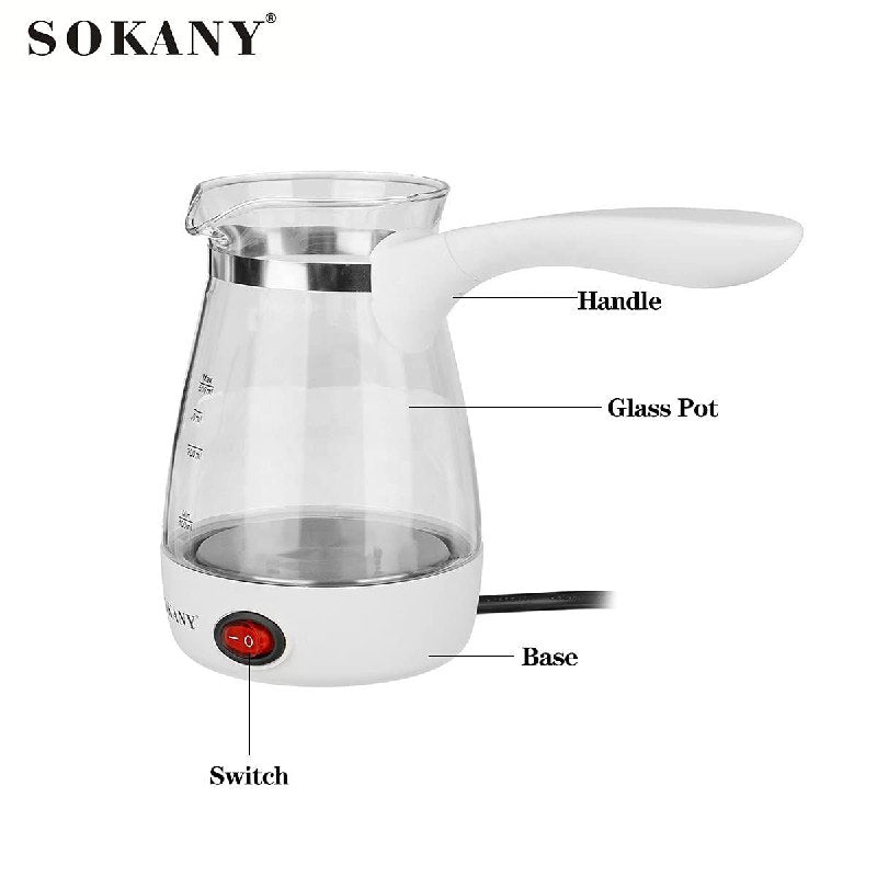 MAQUINA CAFETERA DE VIDRIO, HIERVE EL AGUA MAS RAPIDO, CAPACIDAD 500ML, 5 TAZAS DE CAFE, POTENCIA 600W, CALENTAMIENTO, INTERRUPTOR DE ENCENDIDO, FACIL DE LIMPIAR SOKANY YLW-606 GLASS COFFE MAKER