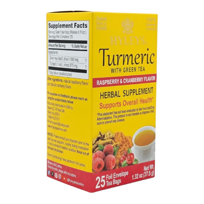 TE HERBAL DE CURCUMA Y TE VERDE, SABOR A FRAMBUESA Y ARANDANO PARA EL BIENESTAR GENERAL HYLEYS 25UND