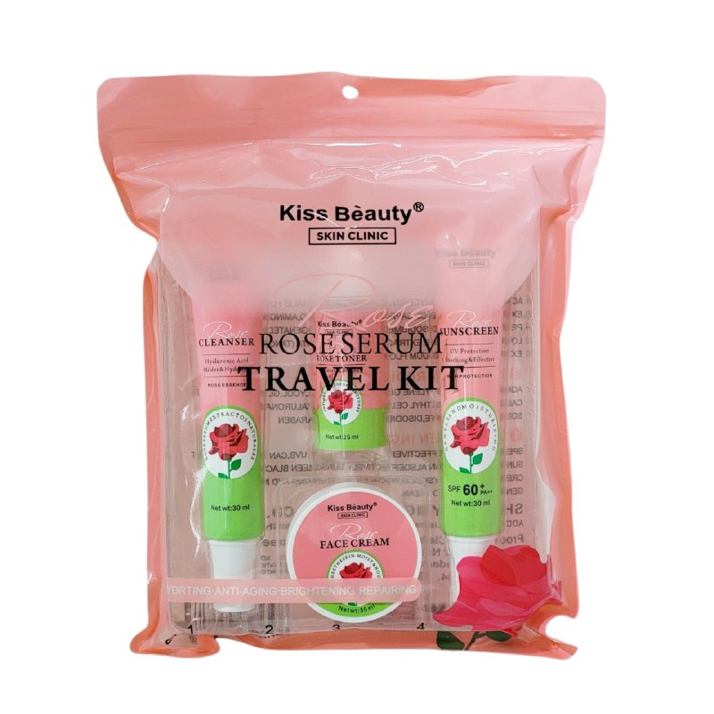 SET FACIAL DE VIAJE DE SUERO DE ROSA LIMPIADOR FACIAL 30ML, TONICO 25ML, CREMA 35ML, PROTECTOR SOLAR 30ML KISS BEAUTY
