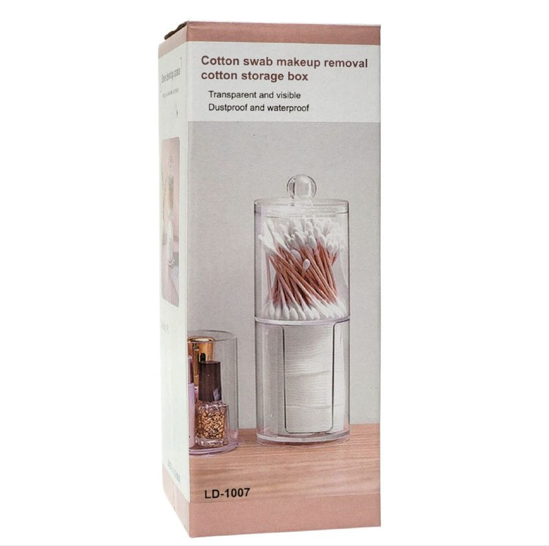 ORGANIZADOR DE HISOPOS Y ALGODON DESMAQUILLANTE, DE ACRILICO DE 2 NIVELES, TRANSPARENTE 19X6.8X17.5CM