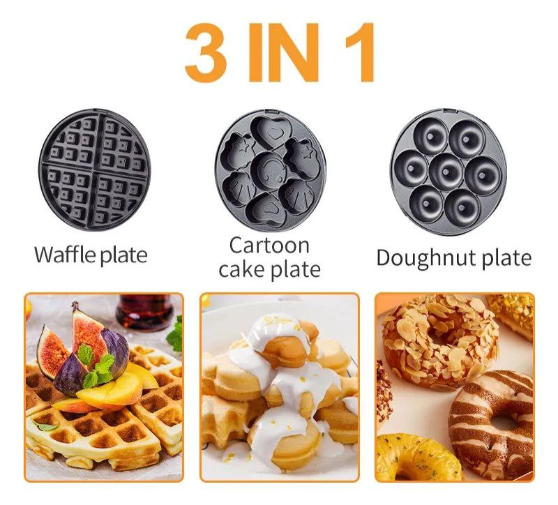 MAQUINA PARA HACER SNACKS CHUCHERIAS DESMONTABLE 3 EN 1, WAFFLES, MINI DONAS, CUPCAKES, FACIL DE LIMPIAR, ALTA POTENCIA, CALEFACCION DOBLE CARA SOKANY SK-08006
