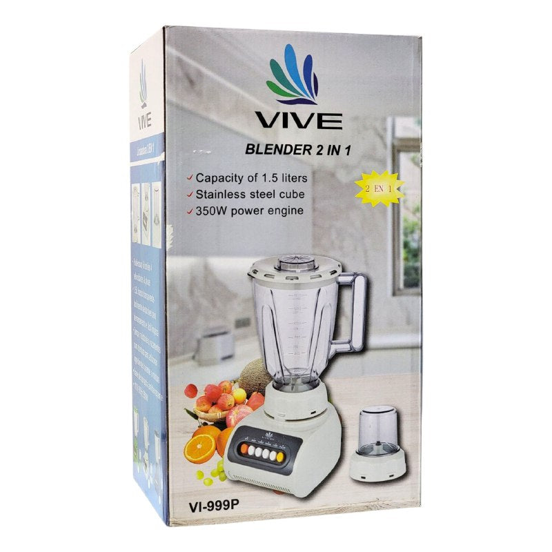 MAQUINA LICUADORA 2 EN 1 CON MOTOR POTENTE DE 350W, TRITURA MEZCLA Y PROCESA CON VELOCIDAD, DE ACERO INOXIDABLE Y CAPACIDAD DE 1.5L VIVE, 3 COLORES