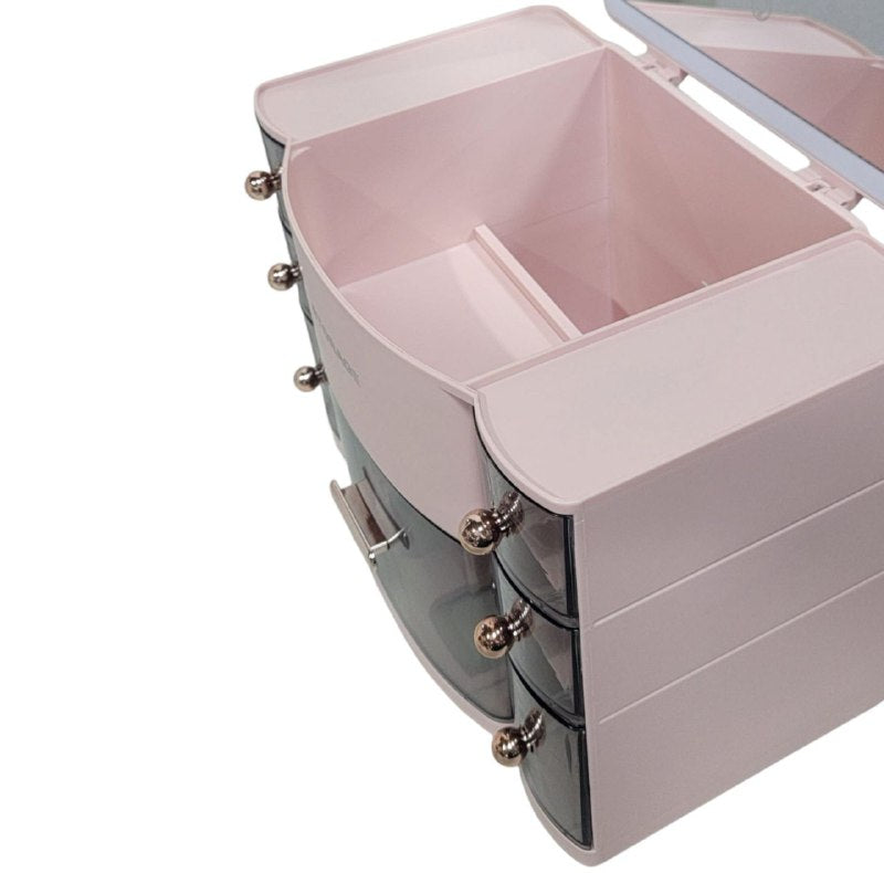 ORGANIZADOR ESTANTE DE COSMETICOS, MAQUILLAJE CON 8 COMPARTIMIENTOS, ESPEJO CON LUZ LED 3 MODOS DE INTENSIDAD, COLOR ROSADO STORAGE