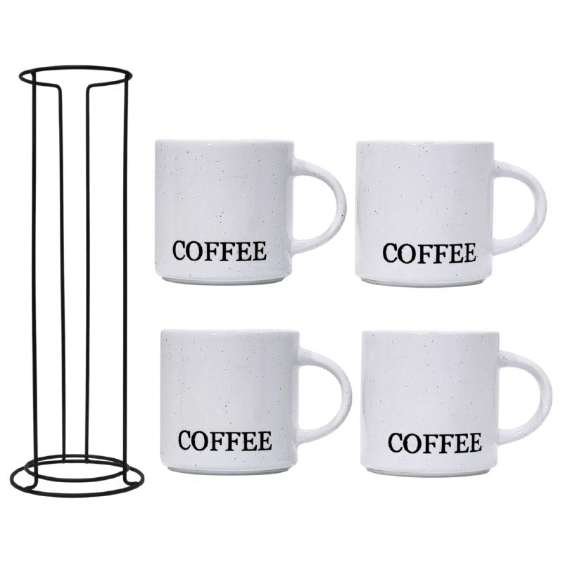 JUEGO DE 4 TAZAS DE CAFE APILABLES DE CERAMICA CON ESTANTE DE METAL ELEGANTES MINIMALISTAS 9X9CM