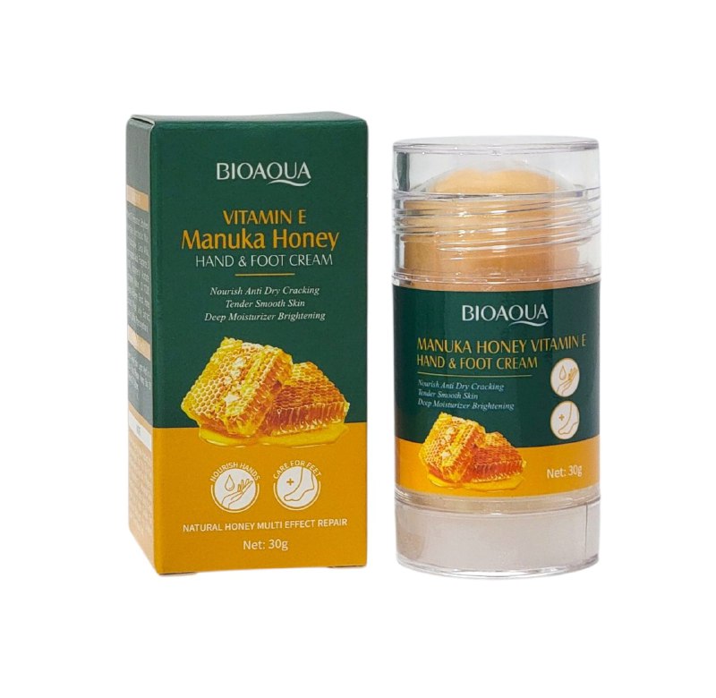 CREMA CORPORAL PARA MANOS Y PIES EN BARRA DE MIEL DE MANUKA Y VITAMINA E SUAVIZANTE 30G, ES UNA CREMA NUTRITIVA QUE MEJORA Y PREVIENE ARRUGAS EN LAS MANOS Y PIES, REPARANDO Y NUTRIENDO PROFUNDAMENTE BIOAQUA