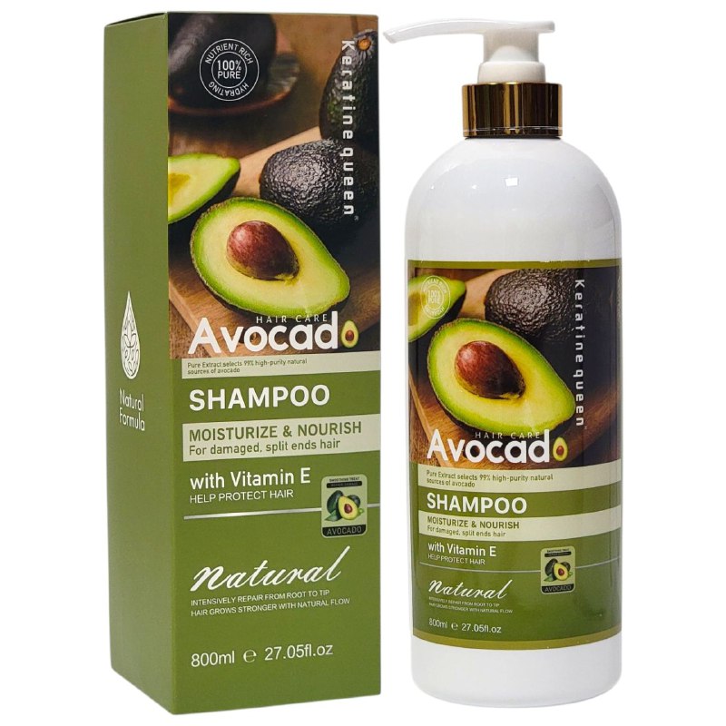 SHAMPOO PARA EL CABELLO DE AGUACATE HIDRATANTE Y NUTRITIVO, ESPECIAL PARA CABELLO DAÑADO Y CON PUNTAS ABIERTAS, CON VITAMINA E, COLAGENO Y VITAMINA C, REPARA DESDE LA RAIZ HASTA LAS PUNTAS DEJANDO SUAVE Y BRILLANTE KERATINE QUEEN 800ML