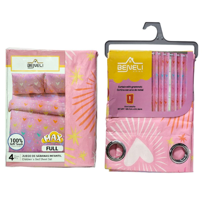 JUEGO DE SABANAS MATRIMONIAL EN SET CON CORTINAS PARA NIÑAS DE 6 PIEZAS CORAZONES BENELI HOME