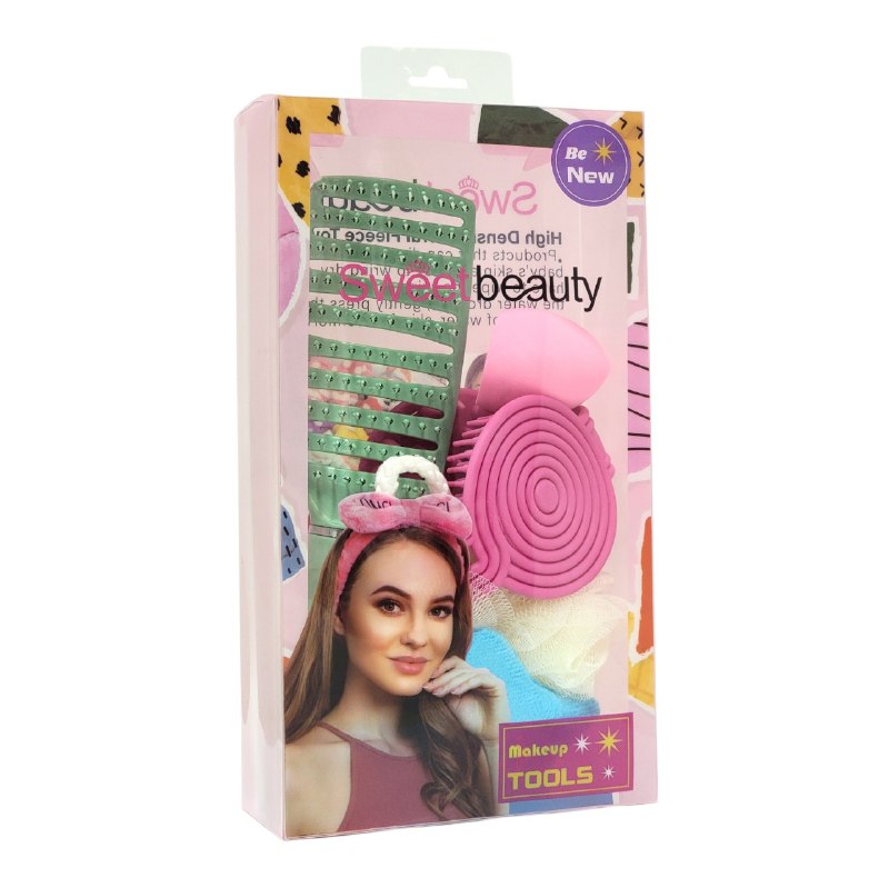 SET DE CUIDADO PERSONAL, ESPONJA MAQUILLAJE, ESPONJA DE BAÑO Y CEPILLO DE PELO SWEET BEAUTY