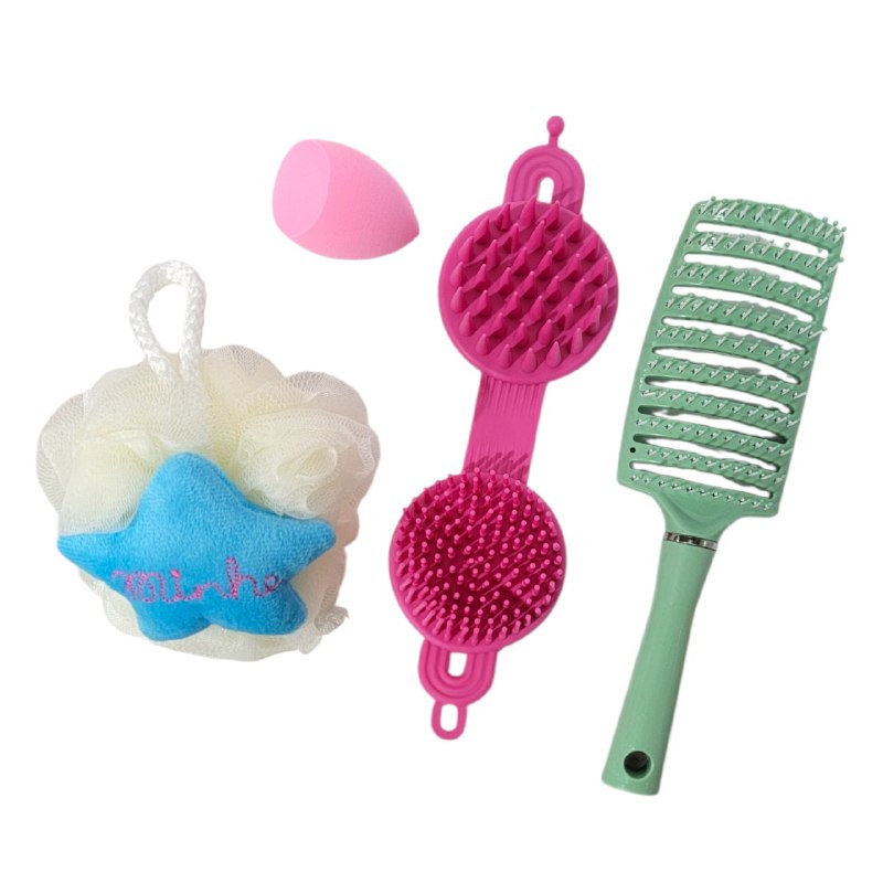 SET DE CUIDADO PERSONAL, ESPONJA MAQUILLAJE, ESPONJA DE BAÑO Y CEPILLO DE PELO SWEET BEAUTY