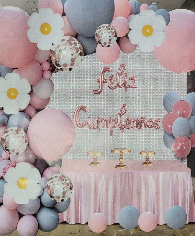 DECORACION PARA CUMPLEAÑOS EN SET COMPLETO, MANTEL METALICO, 2 CORTINAS, 105 GLOBOS
