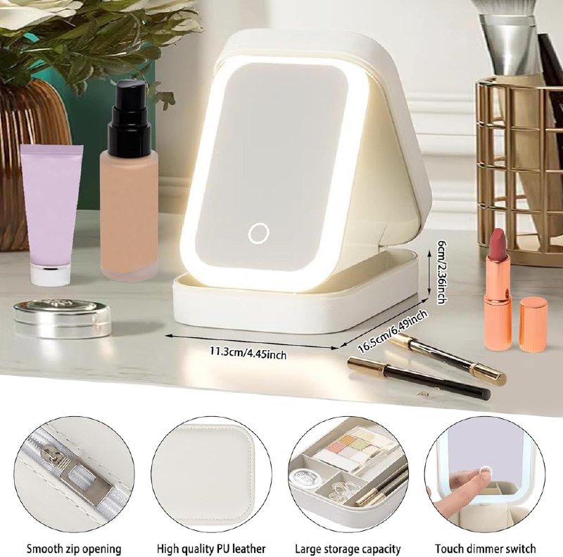 ESPEJO PARA MAQUILLAJE CON LUZ LED, DE 3 COLORES 90 GRADOS CON MALETA PARA GUARDAR COSAS TABLELAPM 12X17X21