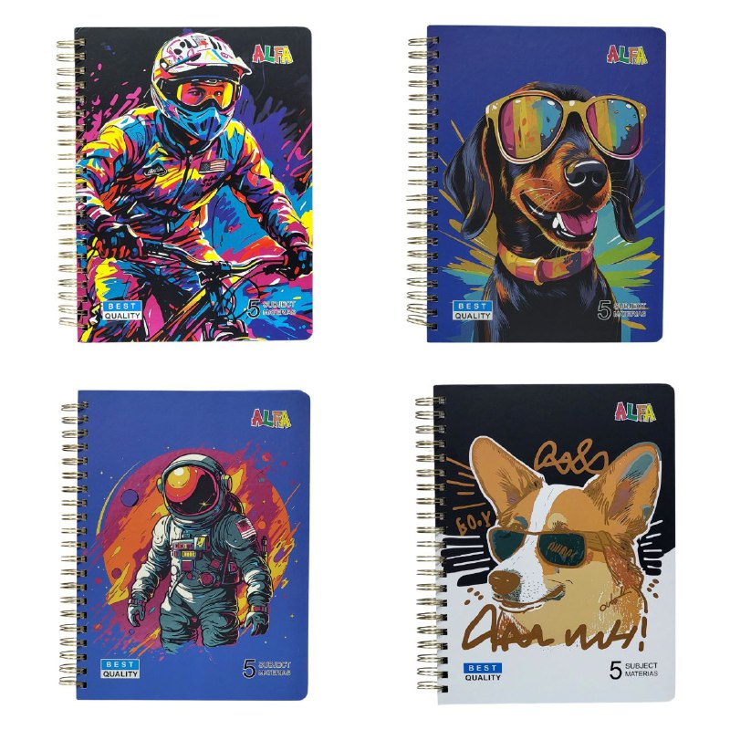 CUADERNO LIBRETA DE ESPIRAL RAYADO DE 5 MATERIAS, 4 DISEÑO 21X28CM ALFA