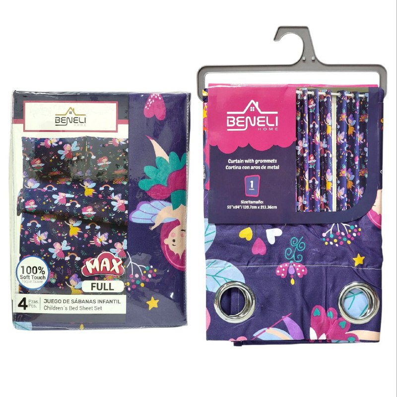 JUEGO DE SABANAS MATRIMONIAL EN SET CON CORTINAS PARA NIÑAS DE 6 PIEZAS HADAS BENELI HOME