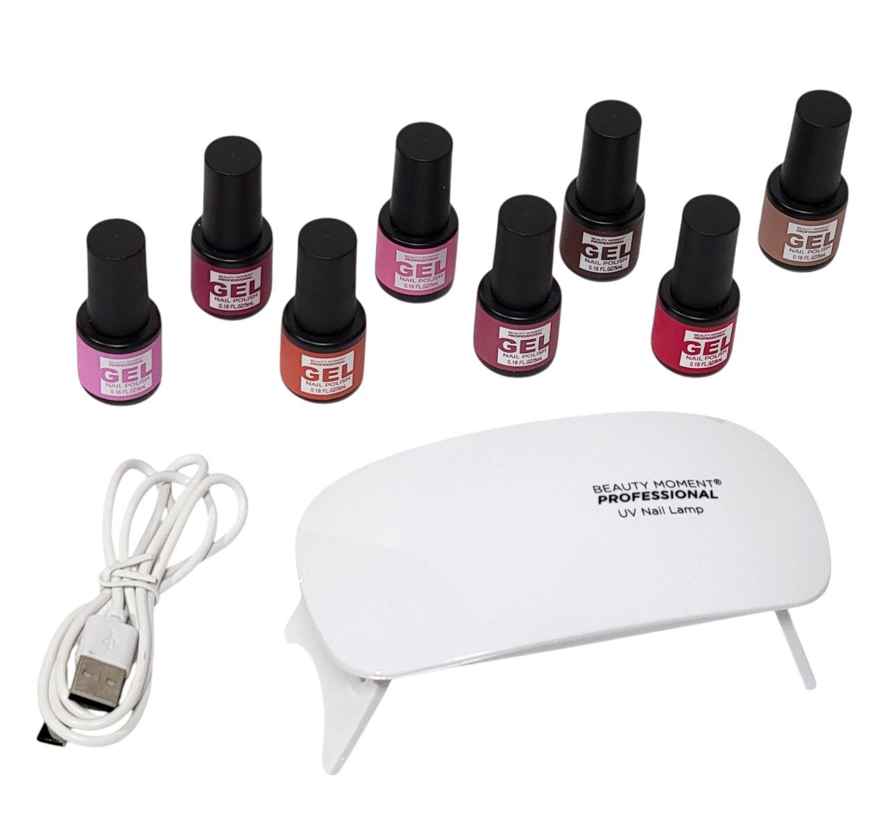 ESMALTES EN SET PARA UÑAS EN GEL, ESMALTE EN GEL 5MLX8, LAMPARA DE UÑAS UV, CABLE USB BEAUTY MOMENT PROFESSIONAL PRO