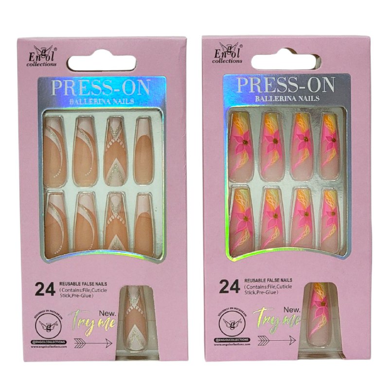 UÑAS PRESS ON, POSTIZAS REUTILIZABLES EN SET DE 24 UÑAS, LIMA, PAILLO PARA CUTICULA Y PEGAMENTO ENGOL COLLECTIONS