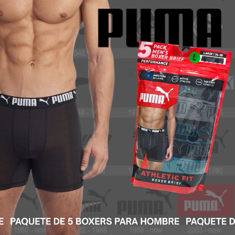 ROPA INTERIOR PARA CABALLERO PUMA ATHLETIC FIT BOXER BRIEF 5 UNIDADES TALLA LARGE 36-38 (L)
