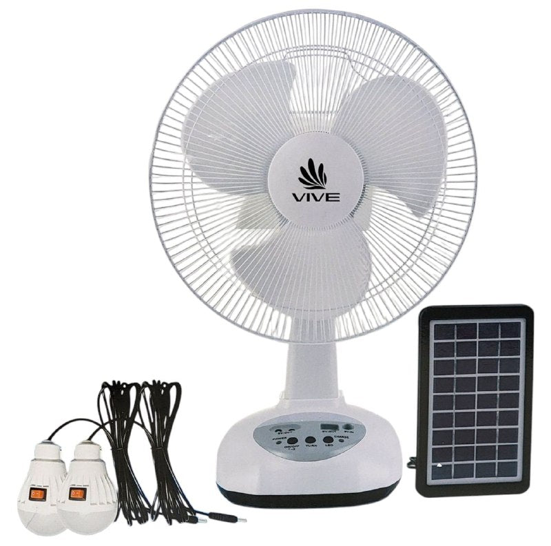 VENTILADOR RECARGABLE DE 12 PULGADAS DOBLE POTENCIA AD/DC, FUNCION DE LUZ NOCTURNA, USB PARA CARGAR, 110-240V, BATERIA PLOMO 6V 4.5MHA, CARGA 8-12H, BATERIA DURA 10H, PANEL SOLAR Y BOMBILLAS LED VIVE MODEL VV-012T