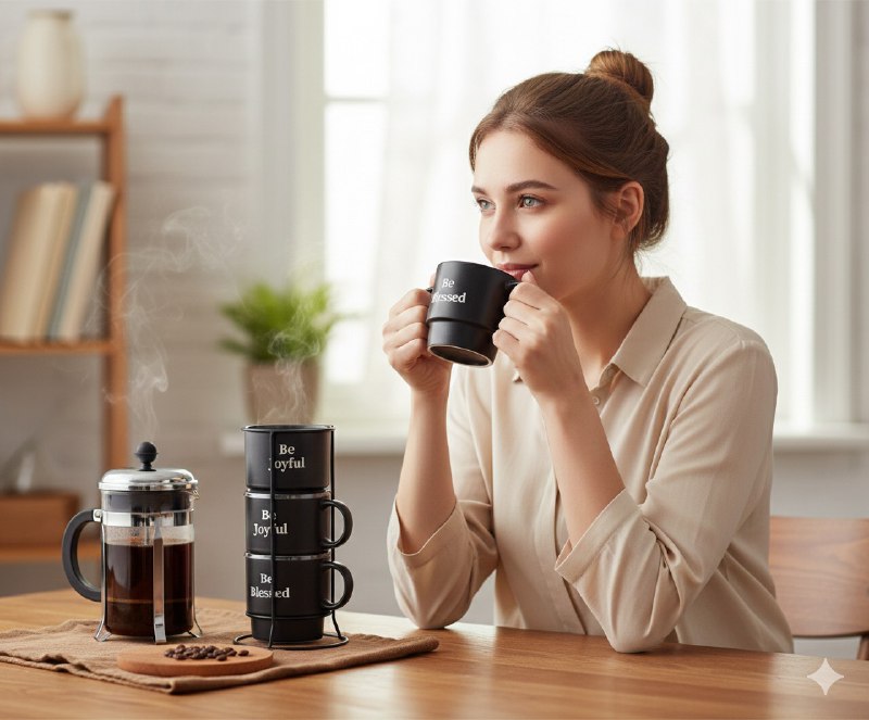 JUEGO DE 4 TAZAS DE CAFE APILABLES CON ESTANTE DE METAL ELEGANTES DE FE 9X10CM