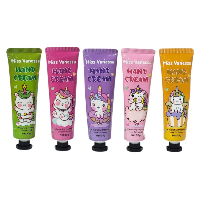 SET DE CREMA PARA MANOS HIDRATANTE Y PERFUMADA DE UNICORNIO 5PCS MISS VANESSA 30GX5