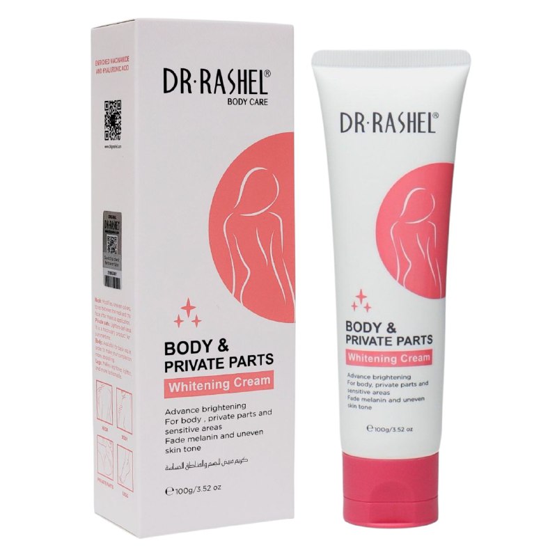 CREMA CORPORAL BLANQUEADORA DEL CUERPO Y PARTES INTIMAS, ENRIQUECIDO CON NIACINAMIDA Y ACIDO HIALURONICO, DA BRILLO RADIANTE Y JUVENIL DR RASHEL 100G