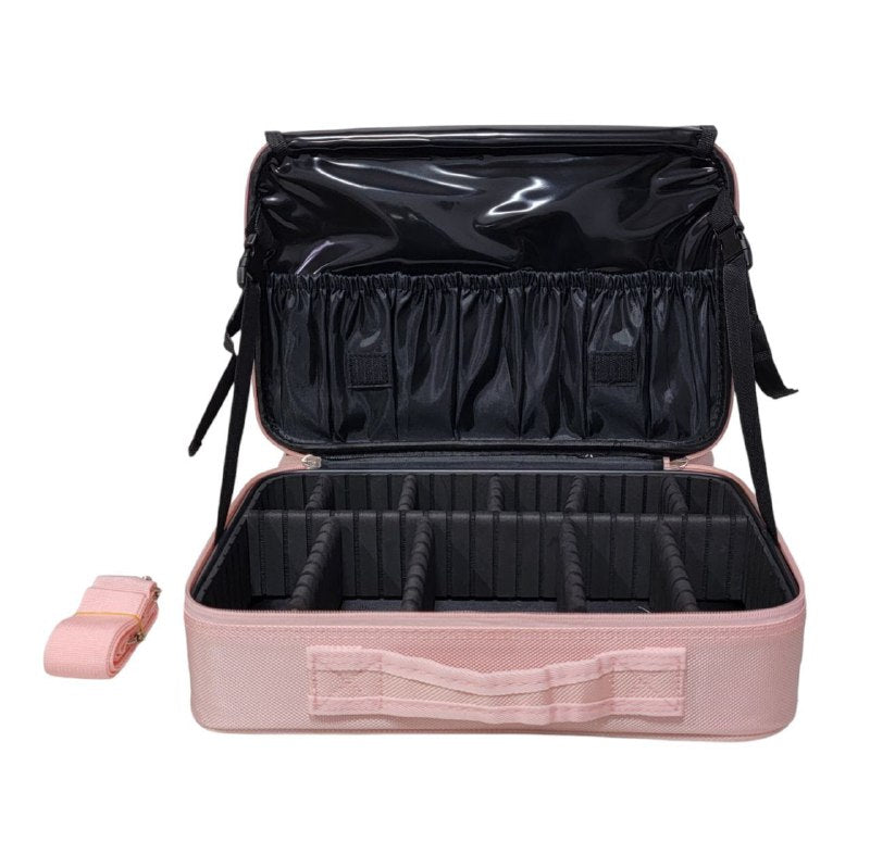 ORGANIZADOR ESTUCHE DE ALMACENAMIENTO DE MAQUILLAJE PORTATIL CON SEPARADORES AJUSTABLES ROSADO 34.5x23.5x12CM