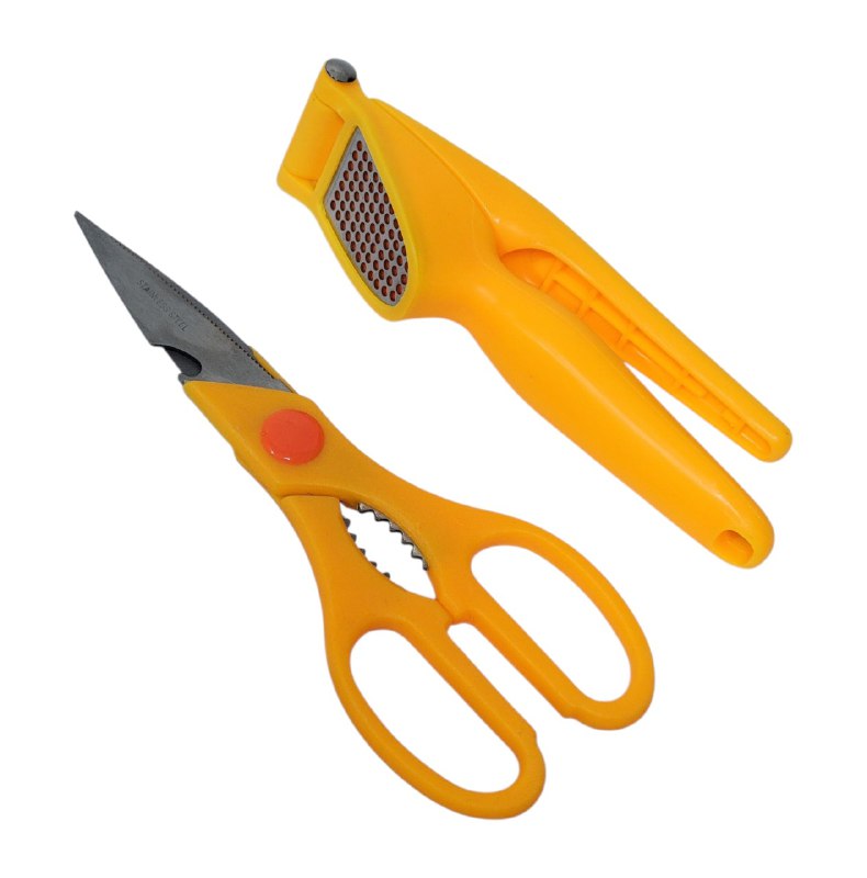 TIJERAS DE COCINAA EN SET MULTIUSOS Y PRENSA DE AJOS E ACERO INOXIDABLE QUE CORTAN CARNES, HIERBAS Y VERURAS, 4 COLORES